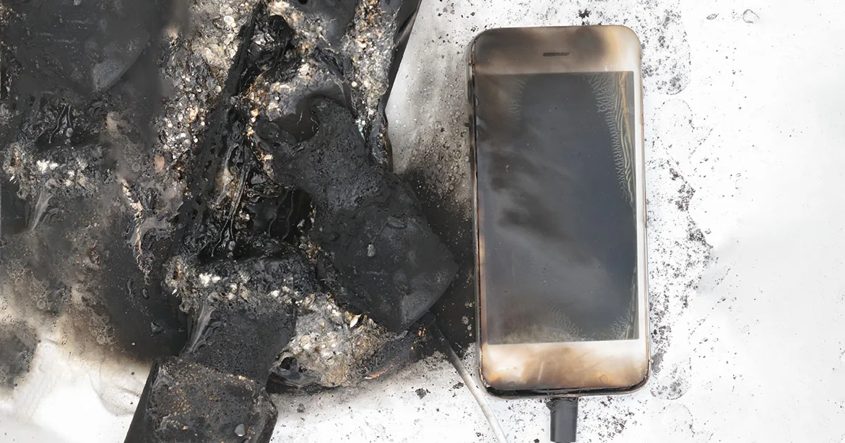 Phone charger fire with burnt phone Melted phone charger with burnt phone