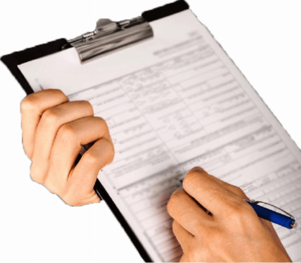 Person signing document on clipboard on white background