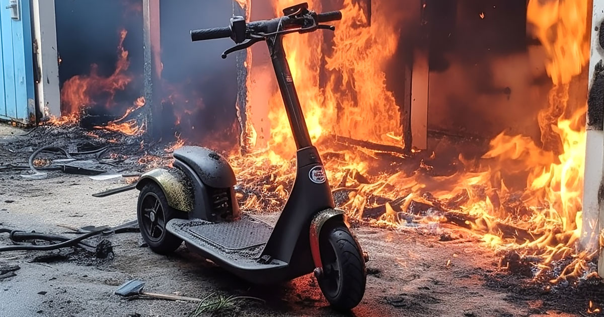 Electric scooter next to burning building