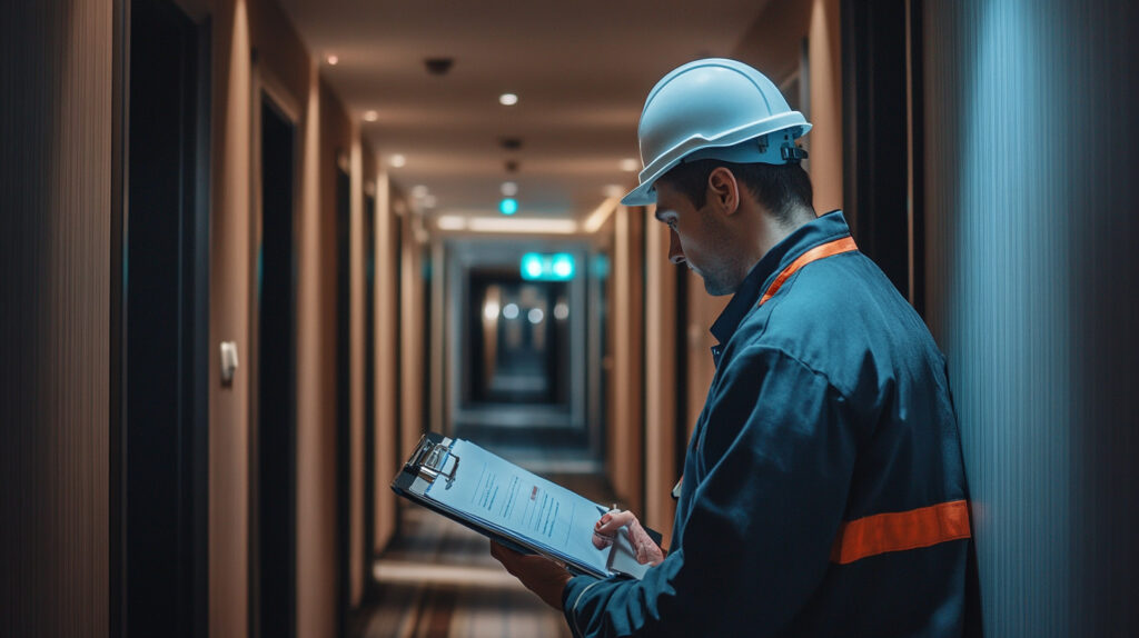 An engineer inspecting a fire door in a hotel corridor during a fire risk inspection