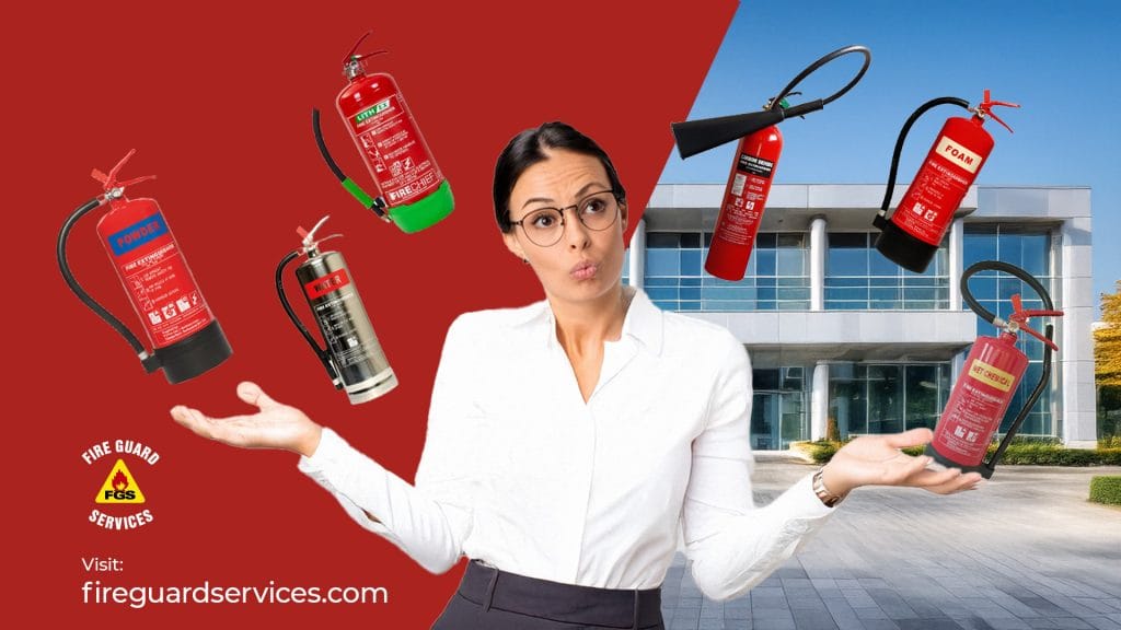 A business woman looking puzzled while different types of fire extinguishers fly around her. She is confused about right type of fire extinguisher for your business