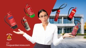 A business woman looking puzzled while different types of fire extinguishers fly around her. She is confused about right type of fire extinguisher for your business