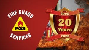 A graphic celebrating Fire Guard Services 20th Anninversary