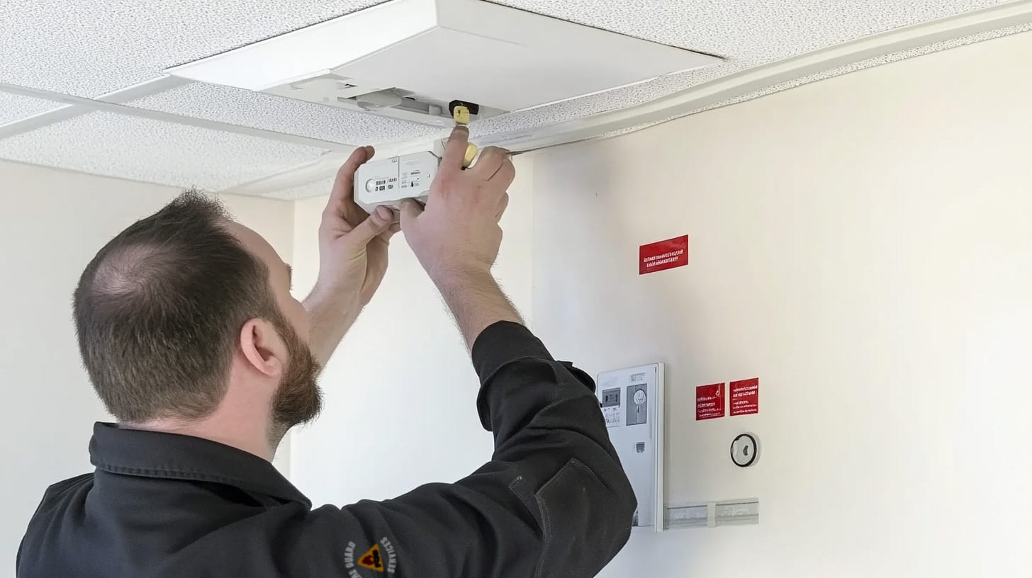 Engineer Fitting an fire alarm system
