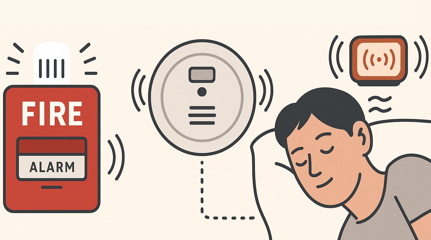 An illustration showing a person asleep while alarms in his room are sending alerts