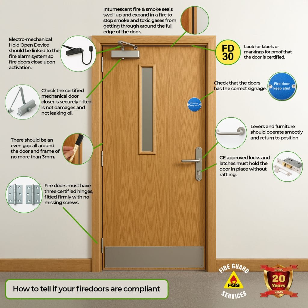An infographic highlighting the important checks for fire door certification