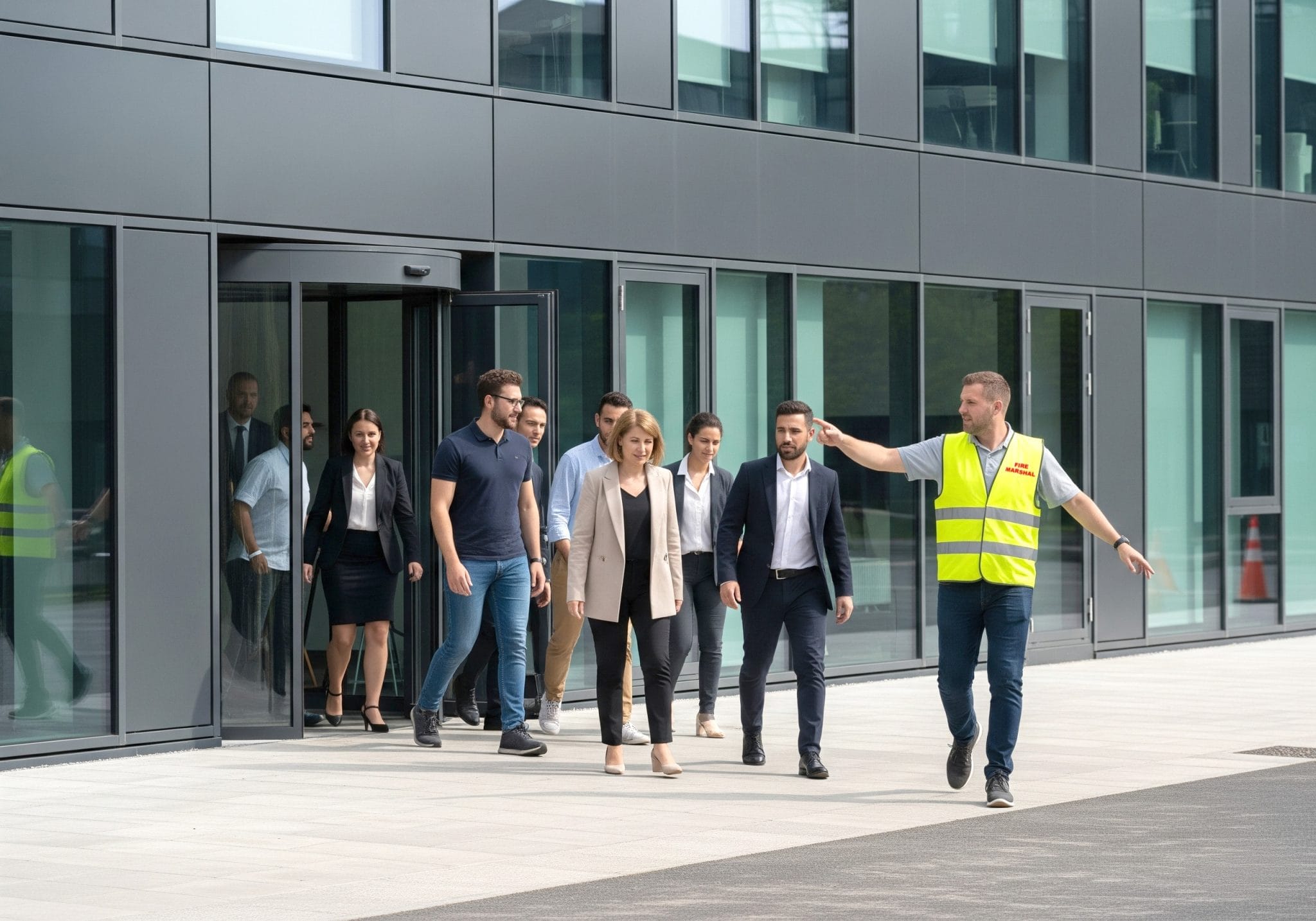 An image of a fire marshal evacuating an office building during a fire safety training excercise