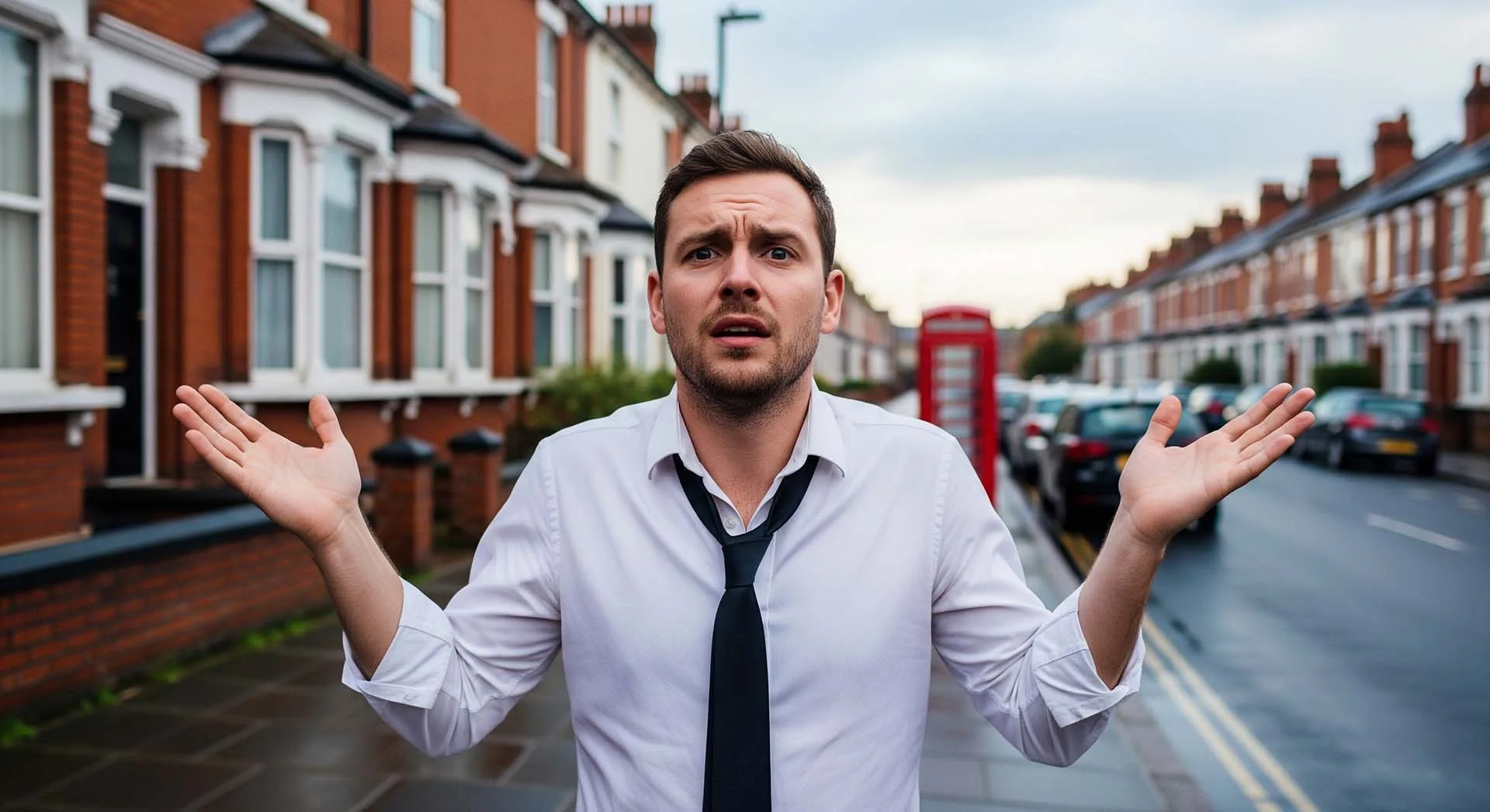 6 myths - featured A landlord standing outside a property looking confused by the 6 fire safety myths