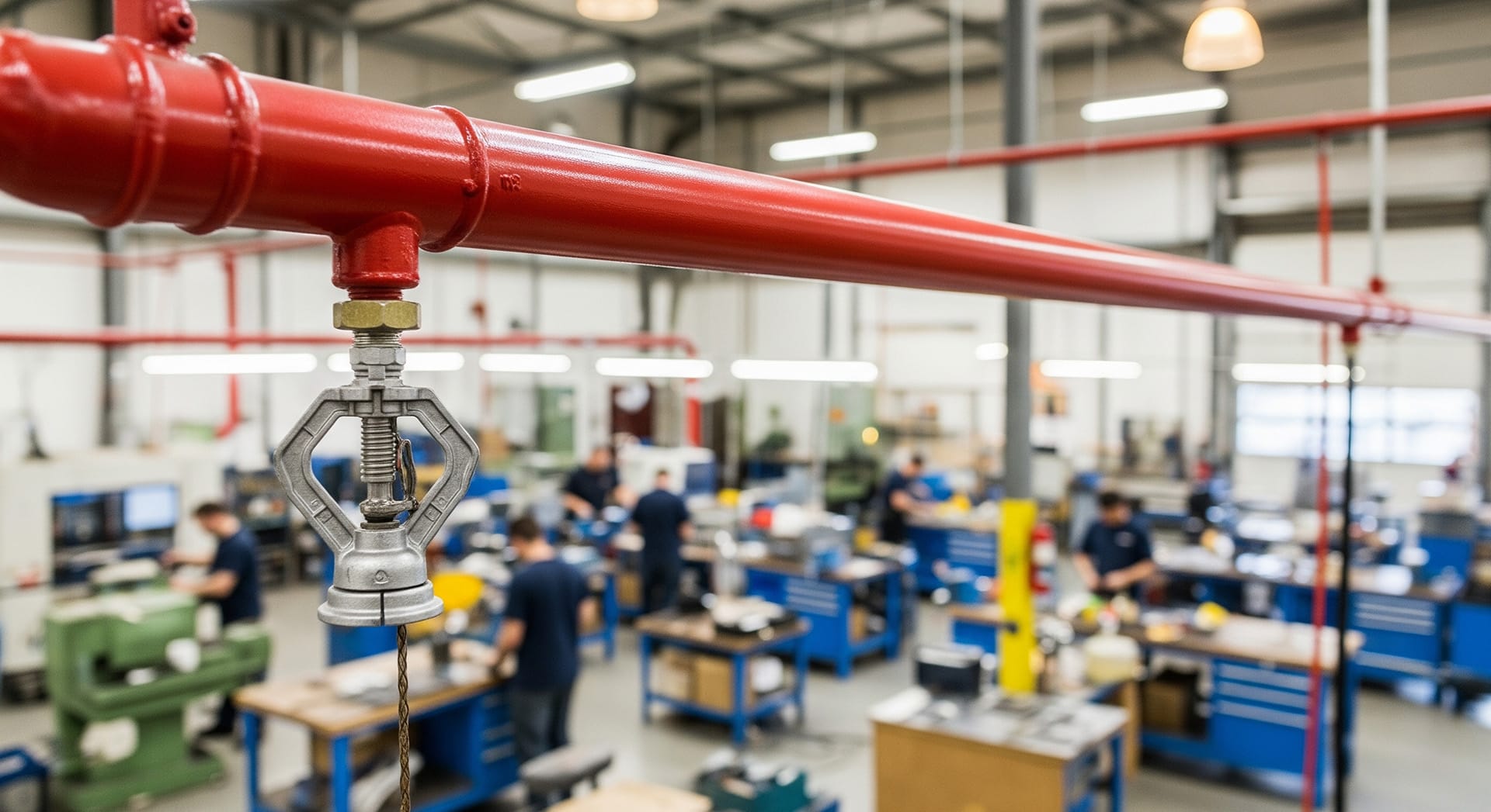 A close up of a fire sprinkler in a busy engineering workshop