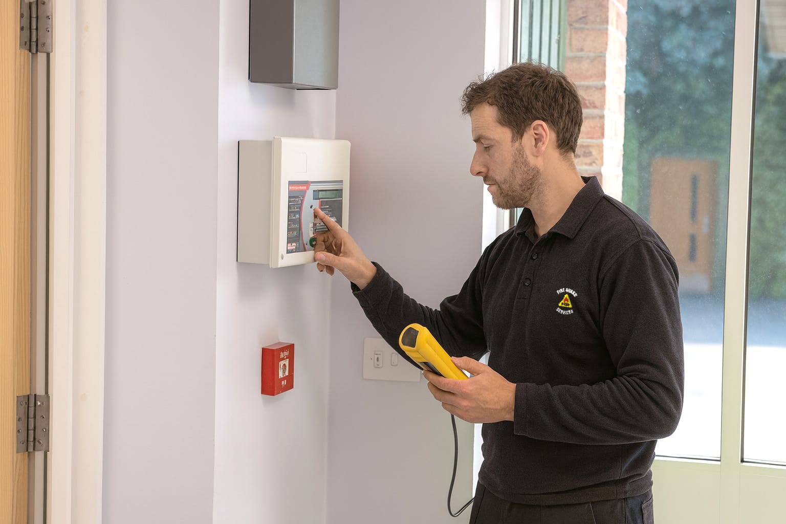Image of a Fire Guard Services fire prevention and protection engineer servicing a fore alarm in a school building.