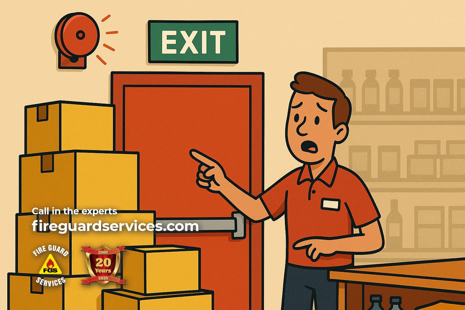 Cartoon image of a shop worker panicking because boxes are blocking a fire exit highlighting the importance of retail fire safety