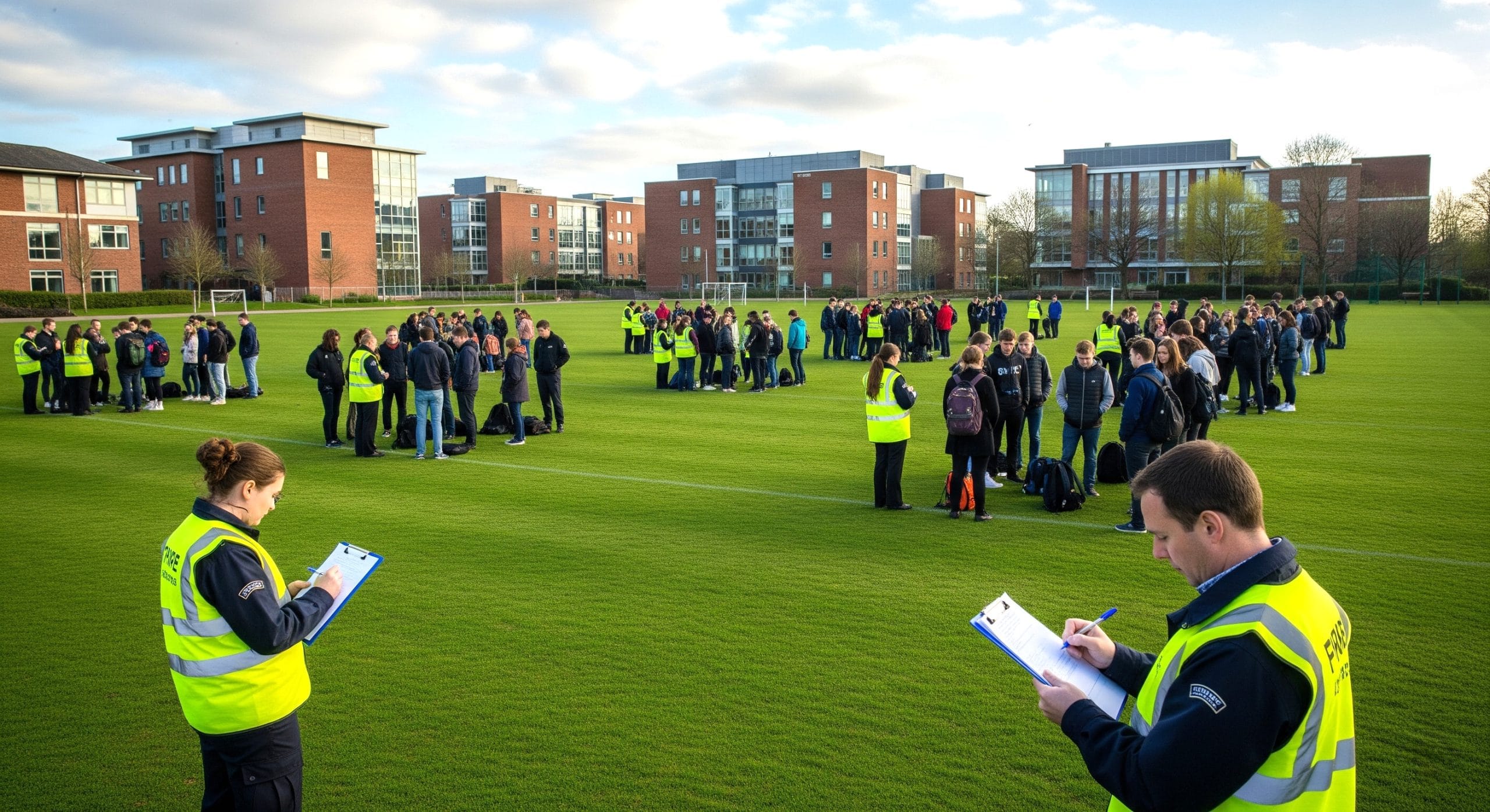 An image of a fire drill happening at a college