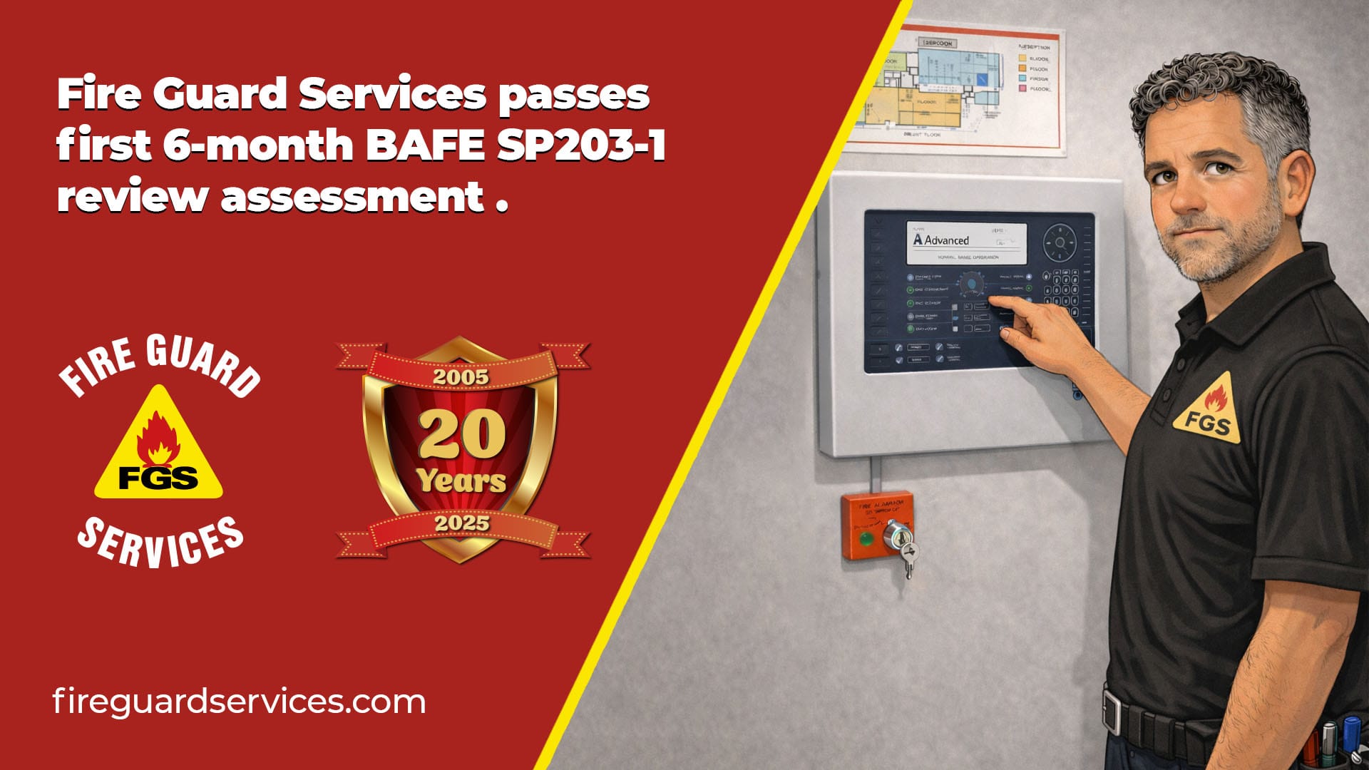 A graphic showing a cartoon version of Brendon Searle, Fire Guard Services Service Manager celebrating passing the BAFE SP203-1 review