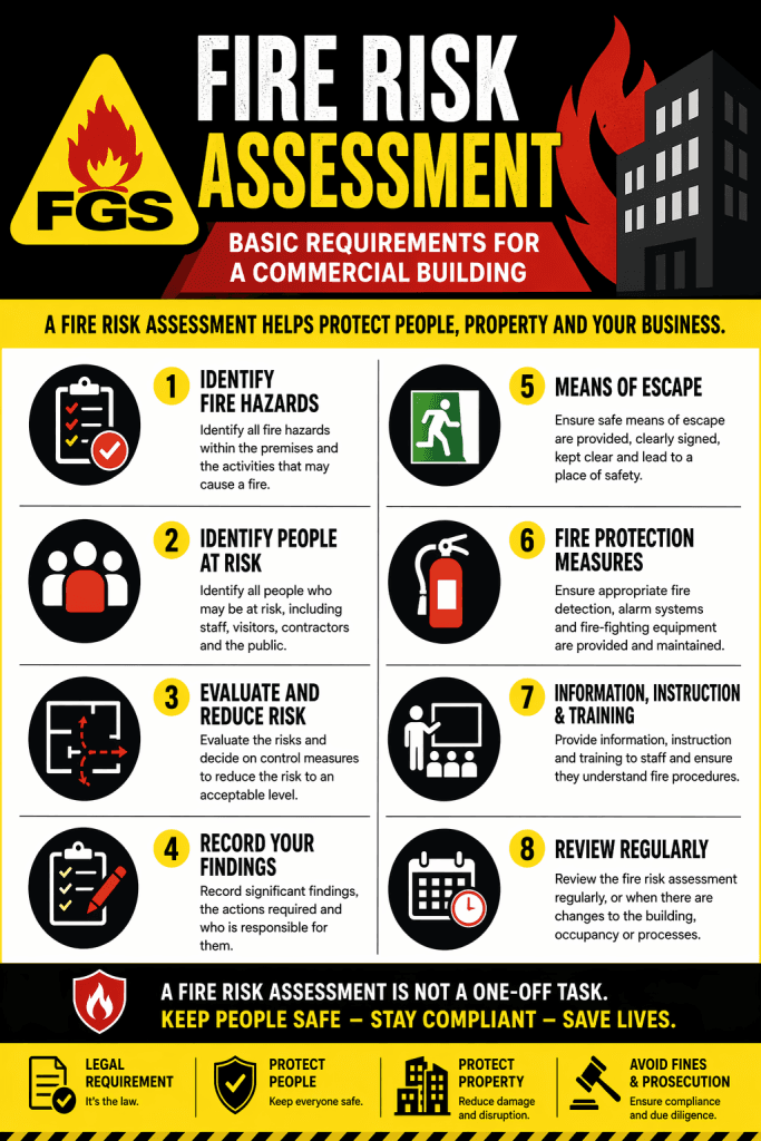 An infographic that displays the basic requirements of a Fire Risk Assessment