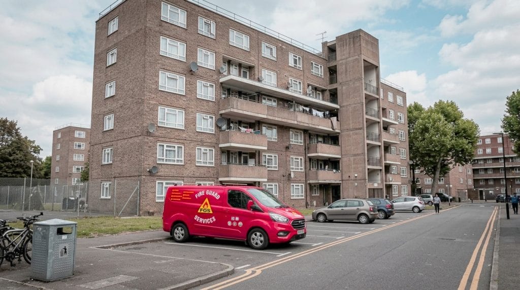 A Fire Guard Services van parked outside a block of flats during a fire risk assessment