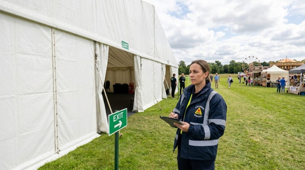A fire guard services engineer checking exits on a summer event marquee