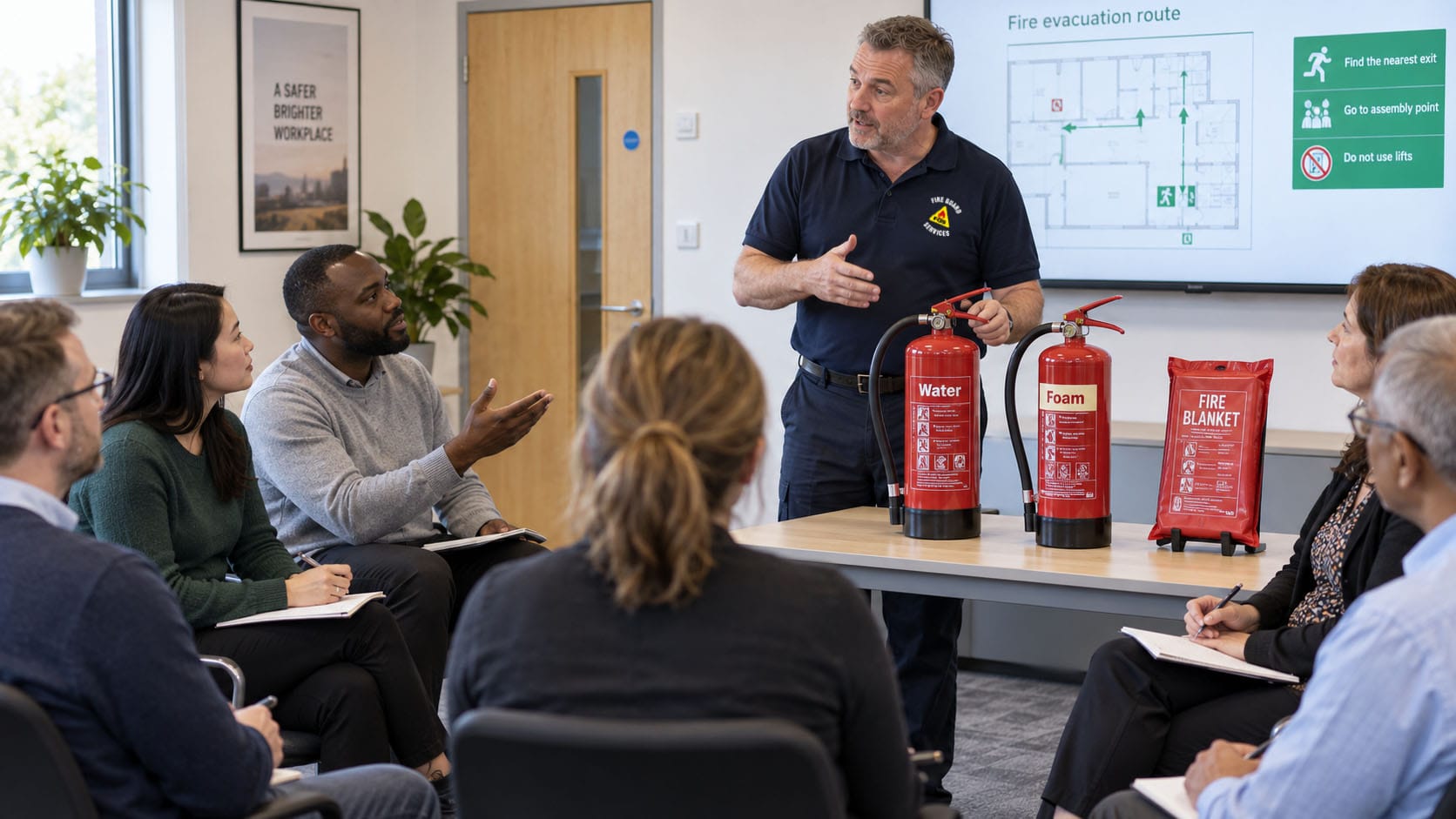 A Fire Guard Services engineer leading a Fire Safety Training class