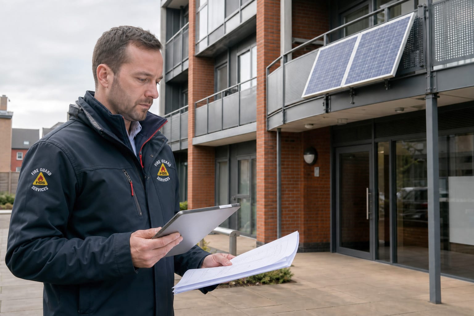 A Fire Guard Services engineer carrying out a fire risk assessment with a plug-in solar panel in the background