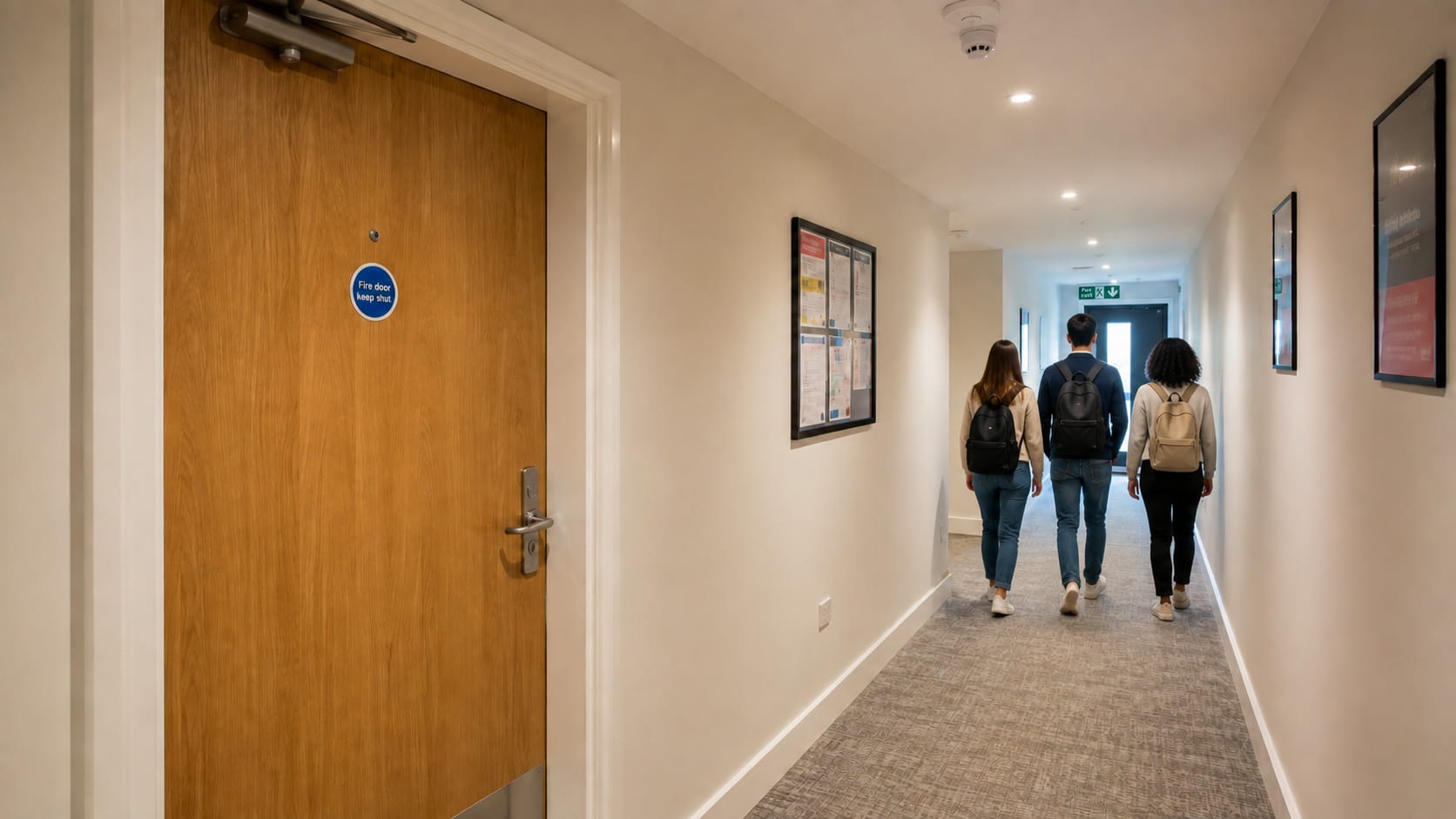 3 students walking in the hallway of student accomodation