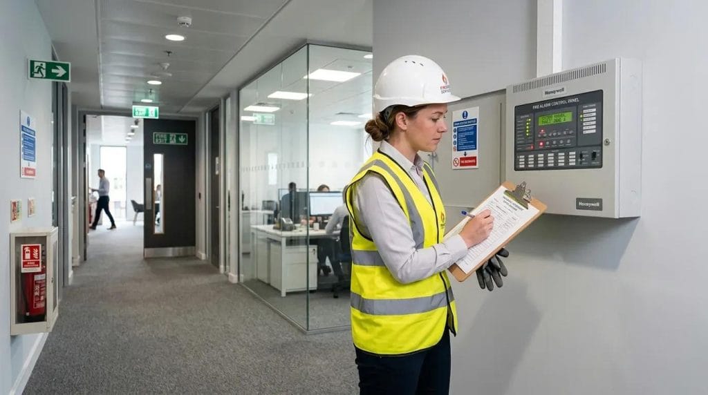 A technician reviewing The September Fire Safety Checklist